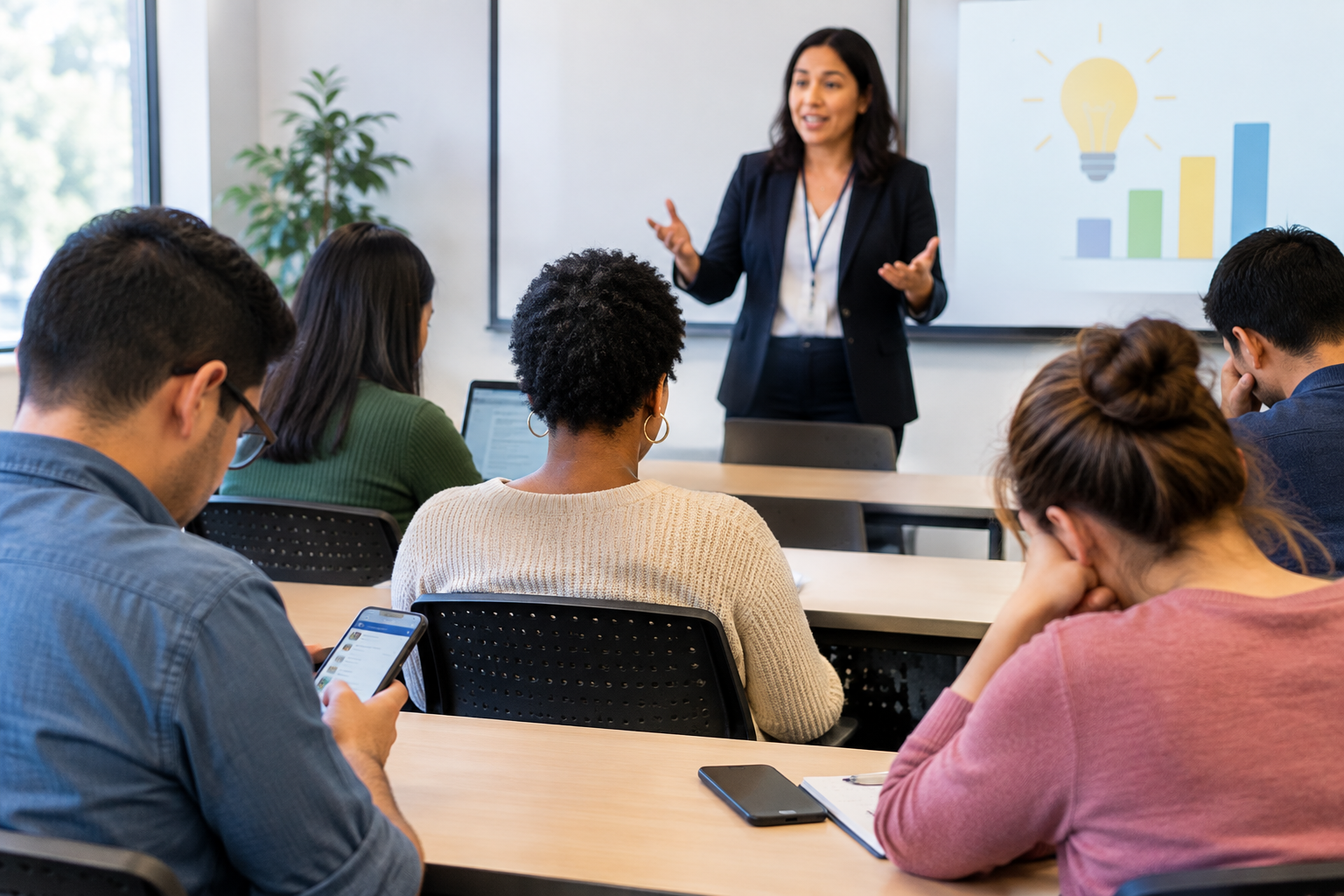 a teacher speaking to a room of students